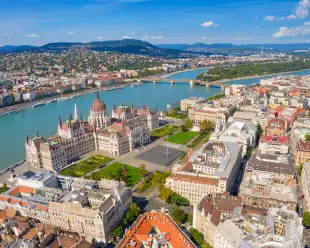 Aerial of Budapest city with view of the the Danube river in Hungary