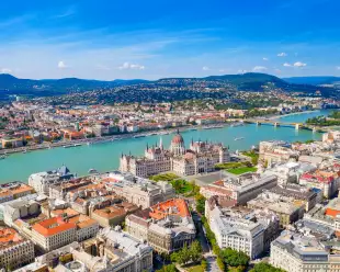Aerial view over central Budapest with parliament building and the Danube river in Hungary