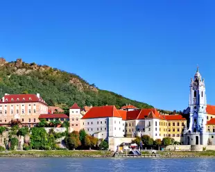 Duernstein town and river Danube in Austria
