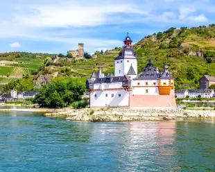 The Pfalz castle on the Falkenau island in the Rhine river, Germany.
