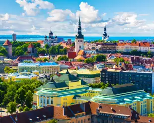Brightly coloured houses in the European Old Town Tallinn, in Estonia