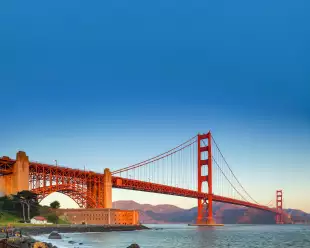 Golden Gate Bridge in San Francisco, California during sunrise