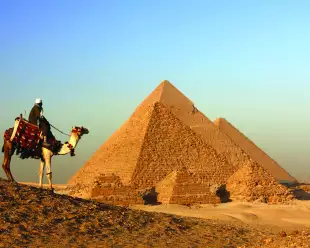 A landscape shot of a Bedouin camel rider overlooking the Great Pyramid of Giza