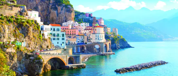 Morning view of Amalfi cityscape on coast line of the Mediterranean sea, Italy