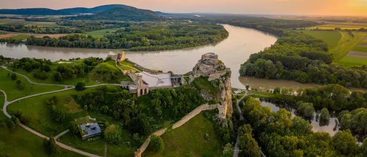 Devin Castle and the river Danube at sunset in Bratislava, Slovakia