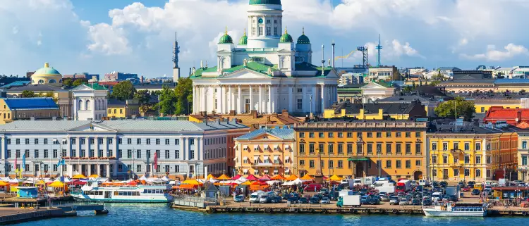 Aerial view of Market Square at the Old Town pier in Helsinki, Finland