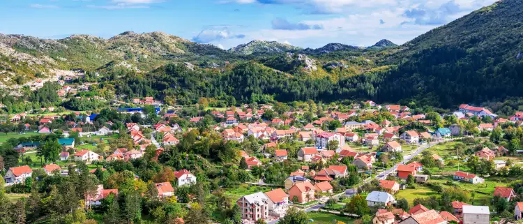 Aerial shot of country houses in Cetinje city, Montenegro