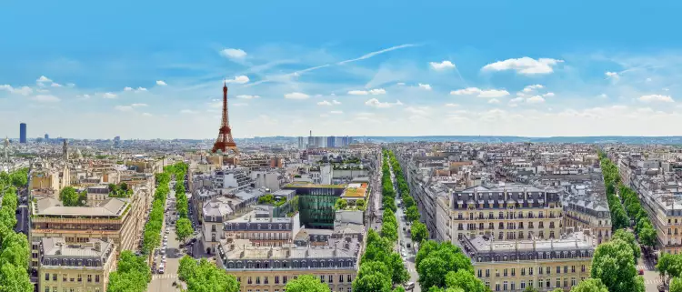A view of Paris rooftops with the Eifel Tower on the horizon