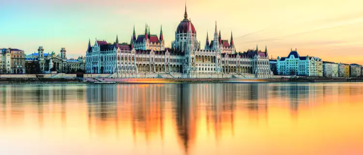Hungarian Parliament at sunset in Budapest, Hungary