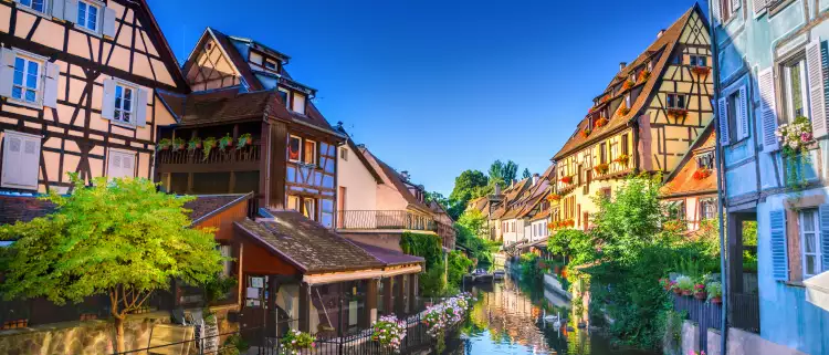 Town of Colmar, also known as Belle's Village, with half timbered houses and canal in Colmar, France