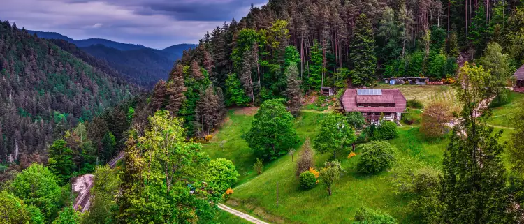 Aerial of the Black Forest with dark clouds in Schwarzwald, Germany