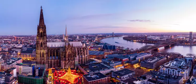 Aerial shot of the Cologne Christmas Markets during sunset in Germany