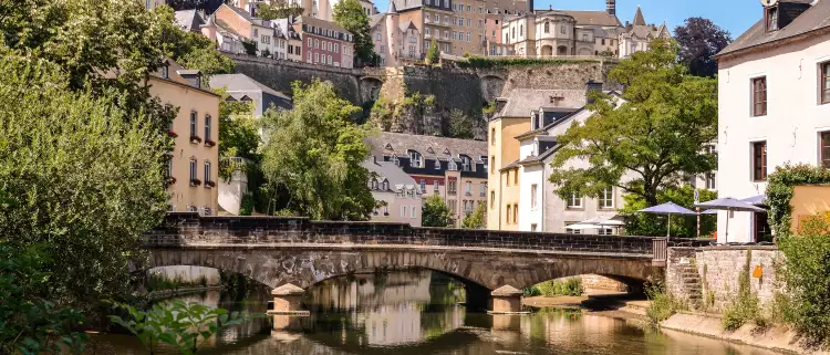 View of Luxembourg city and bridge over the Alzette river in Western Europe