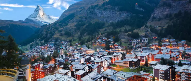 Zermatt village with a view of the peak of the Matterhorn mountain, Swiss Alps