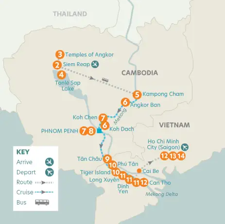 Downstream route map for Vietnam, Cambodia and Hidden Treasures of the Mekong