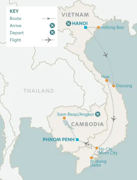 Route map for Vietnam and Cambodia tour