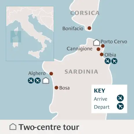 Airline map of arrivals and departures in Sardinia