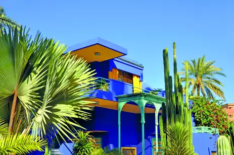Vibrant yellow and blue house, with palm trees in front of it in Marrakech