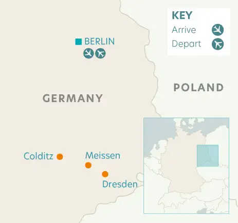 Route map depicting locations on Berlin, Dresden, Meissen and Colditz tour