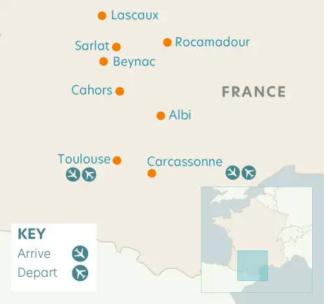 Airline map of arrivals and departures in France