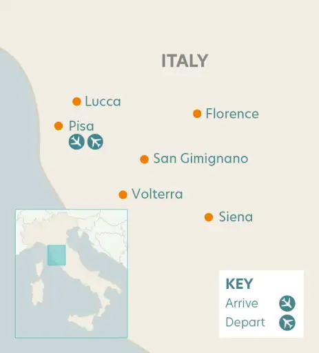 Route map depicting locations of the Florence and Tuscany tour