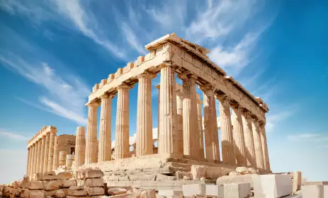 The Parthenon, a white marble temple on a bright day in Athens, Greece