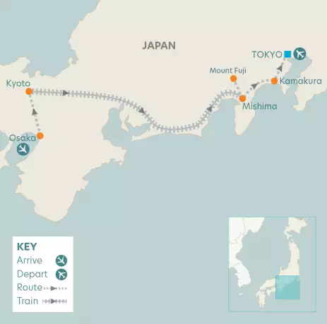 Map of journey, arrivals and departures in Japan