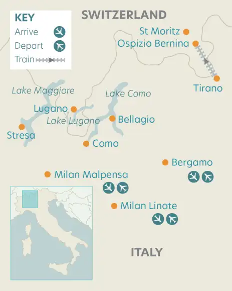 Airline map of arrivals and departures in Italy and Switzerland