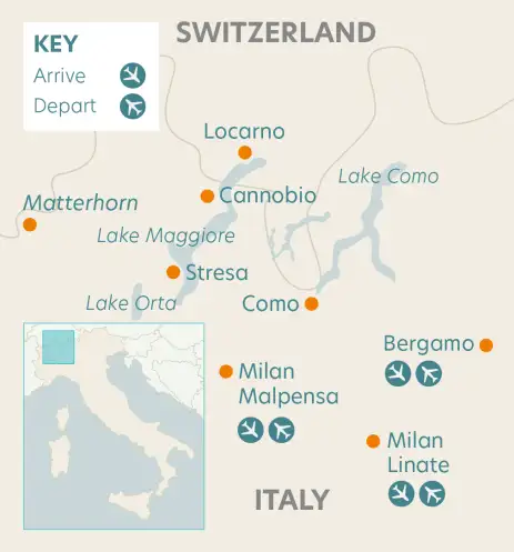 Airline map of arrivals and departures in Italy and Switzerland