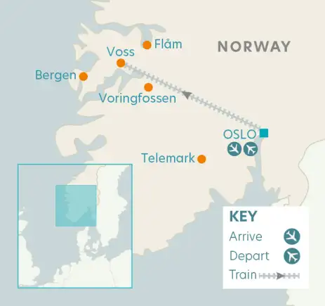 Map of train journey, airline arrivals and departures in Norway