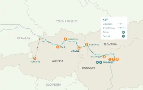 Route map depicting the stops along the Blue Danube River