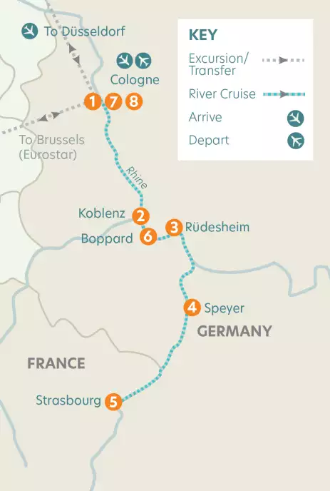 Route map of Christmas on the River Rhine