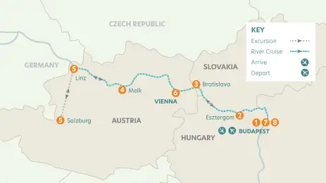 Map of cruise journey, arrivals and departures for Christmas on the Danube holiday