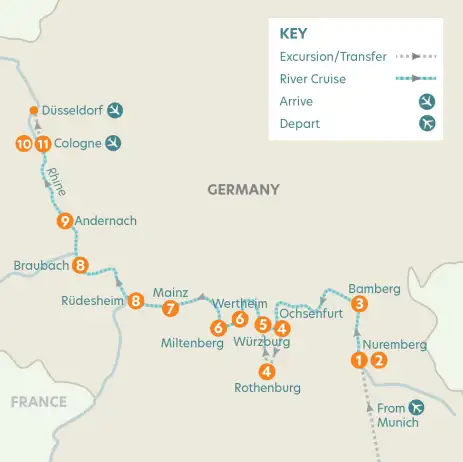 Map of cruise journey, arrivals and departures in Germany