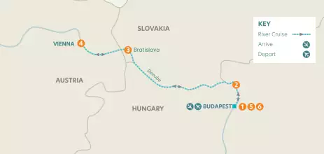 Airline map of arrivals and departures in Budapest