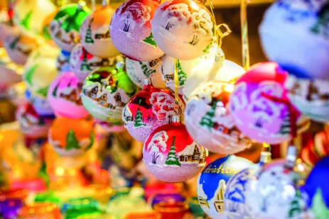 Traditional Christmas market with colourfully decorated balls