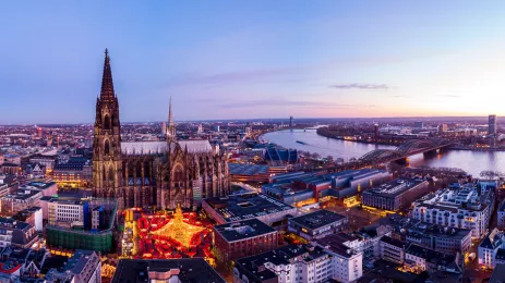Aerial shot of the Cologne Christmas Markets during sunset in Germany
