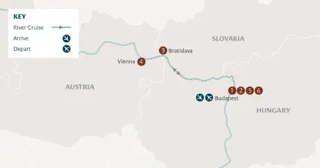 Map of cruise journey, arrivals and departures in Budapest, Bratislava and Vienna