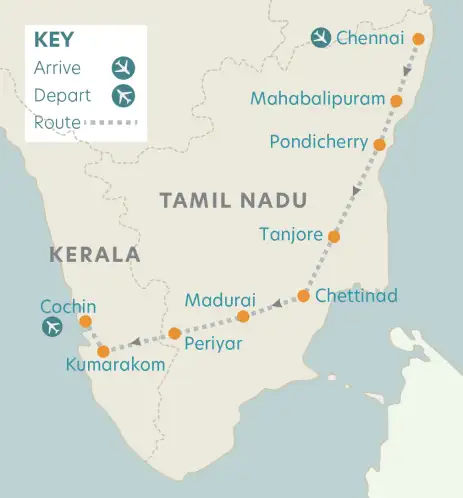 Route map of Southern India and the backwaters of Kerala Tour