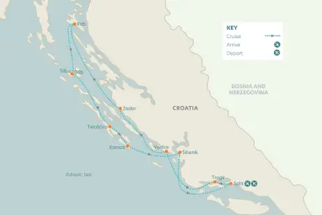 Route map depicting locations along the Split, Rab & Undiscovered Islands of the North tour 