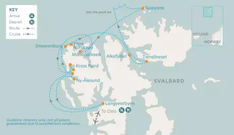 Map of cruise journey, arrivals and departures on the Voyage to the Arctic