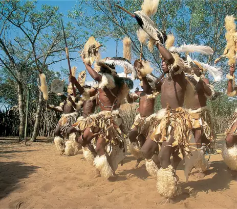 A group of Zulu dancers in motion as they perform in South Africa